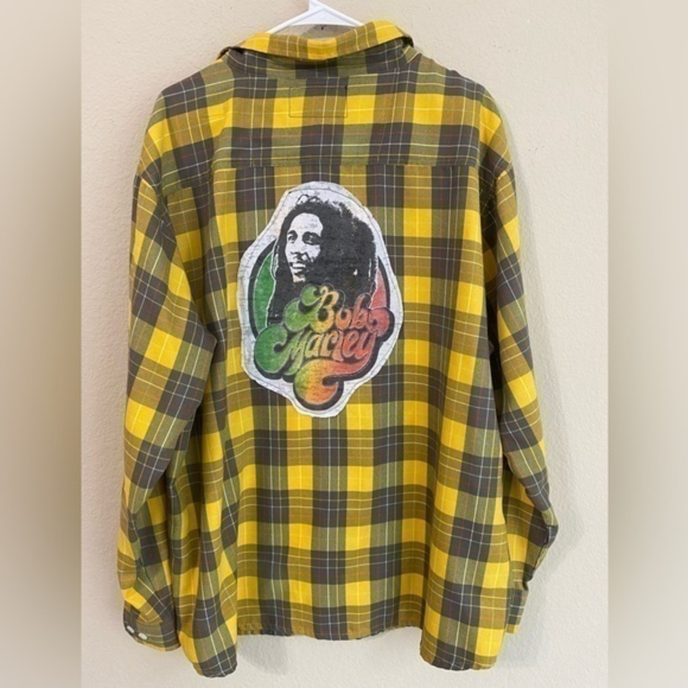 Upcycled Bob Marley Shirt Yellow Gray Plaid Long Sleeve Button Down Zipper Front